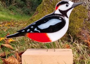 Jewel Glass fused glass Great Spotted Woodpecker on wooden stand