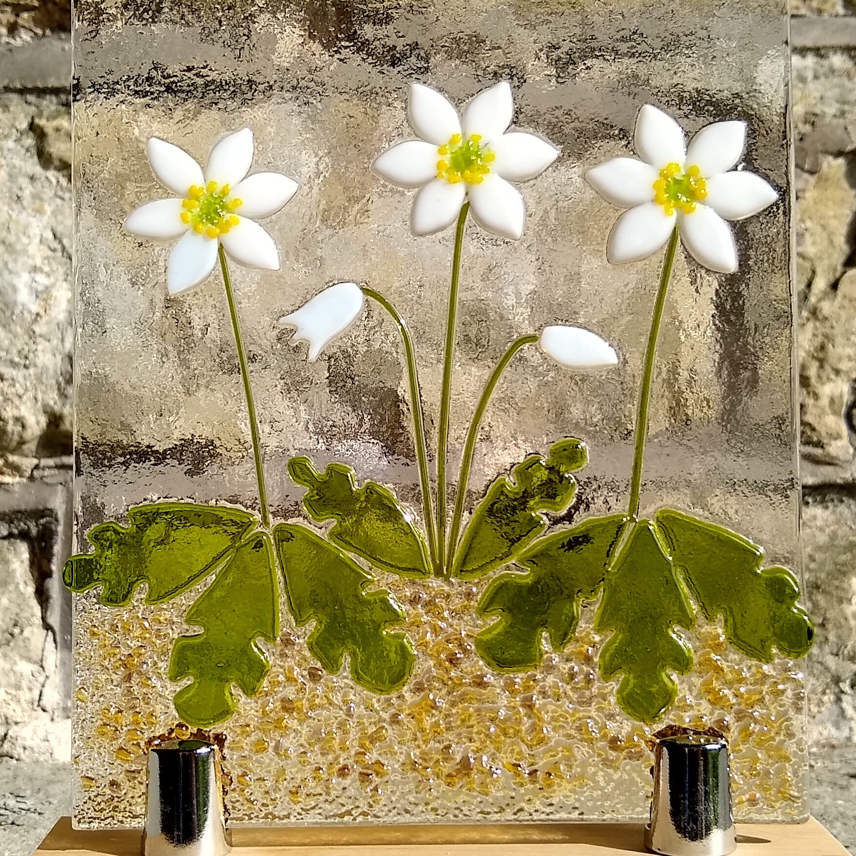 Jewel Glass wood anemone panel on wooden stand